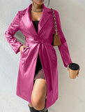 Long Sleeve Lapel PU Leather Jacket With Pockets Slim Fit Long Trench Coat