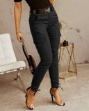 Low-waisted Buttons, Solid Color Pockets Pants