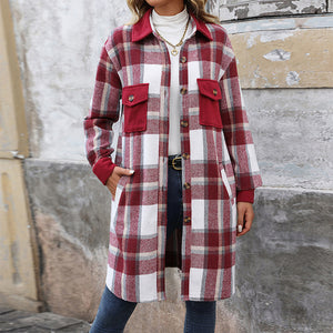 New Brushed Plaid Long Coat With Pockets