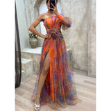 Mesh Tie-dye Printed Off-shoulder Slit Dress Summer INS Fashion Long  Party Dress