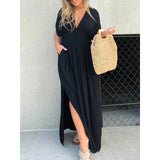 V-neck Slit Dress Summer Short Sleeve Elastic Waist Maxi  Dresses