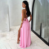 Halterneck V-neck Slit Dress Summer Backless Strappy Maxi Dress