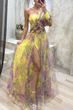 Mesh Tie-dye Printed Off-shoulder Slit Dress Summer INS Fashion Long  Party Dress