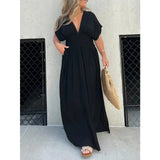 V-neck Slit Dress Summer Short Sleeve Elastic Waist Maxi  Dresses