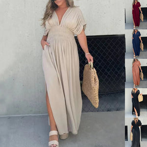 V-neck Slit Dress Summer Short Sleeve Elastic Waist Maxi  Dresses