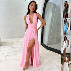 Halterneck V-neck Slit Dress Summer Backless Strappy Maxi Dress