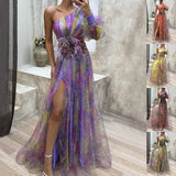 Mesh Tie-dye Printed Off-shoulder Slit Dress Summer INS Fashion Long  Party Dress