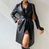 Long Sleeve Lapel PU Leather Jacket With Pockets Slim Fit Long Trench Coat