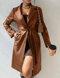 Long Sleeve Lapel PU Leather Jacket With Pockets Slim Fit Long Trench Coat