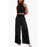 Summer Suits Casual Sleeveless Midriff-baring Top And Wide Leg Pants 2pcs Set Womens Clothing