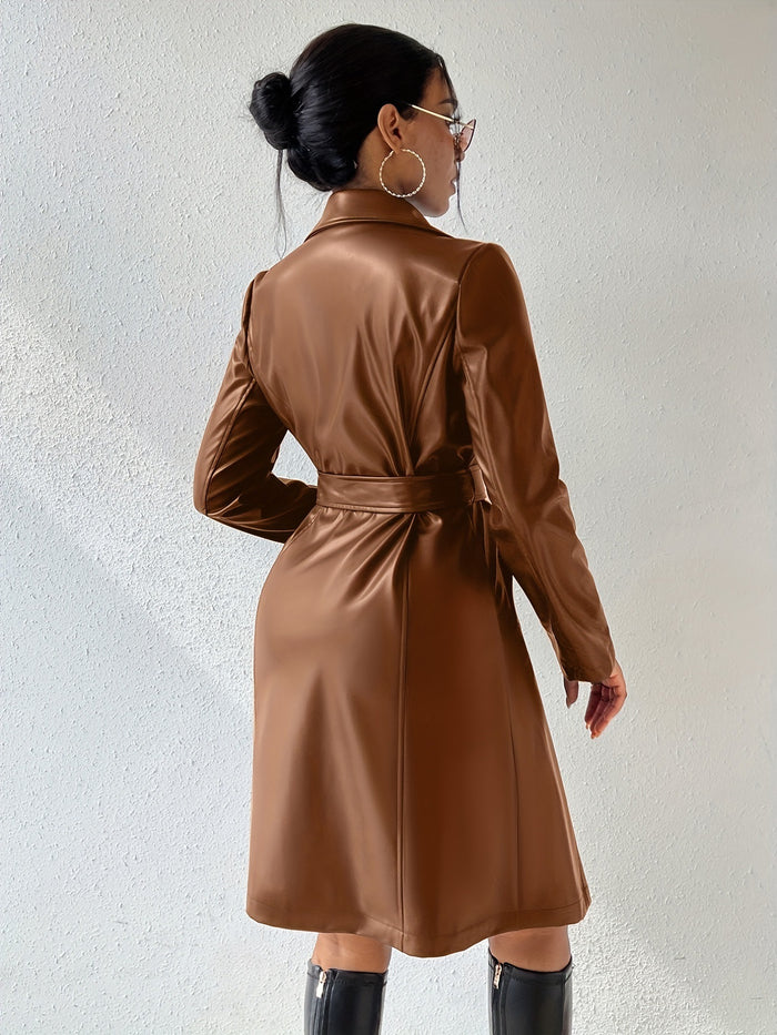 Long Sleeve Lapel PU Leather Jacket With Pockets Slim Fit Long Trench Coat