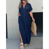 V-neck Slit Dress Summer Short Sleeve Elastic Waist Maxi  Dresses