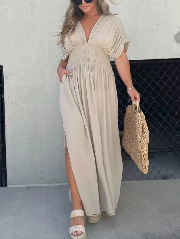 V-neck Slit Dress Summer Short Sleeve Elastic Waist Maxi  Dresses