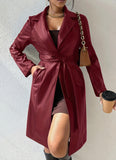 Long Sleeve Lapel PU Leather Jacket With Pockets Slim Fit Long Trench Coat