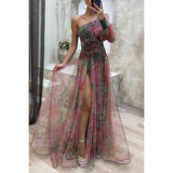 Mesh Tie-dye Printed Off-shoulder Slit Dress Summer INS Fashion Long  Party Dress