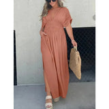 V-neck Slit Dress Summer Short Sleeve Elastic Waist Maxi  Dresses