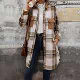 New Brushed Plaid Long Coat With Pockets