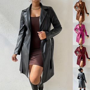 Long Sleeve Lapel PU Leather Jacket With Pockets Slim Fit Long Trench Coat