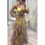 Mesh Tie-dye Printed Off-shoulder Slit Dress Summer INS Fashion Long  Party Dress