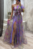 Mesh Tie-dye Printed Off-shoulder Slit Dress Summer INS Fashion Long  Party Dress