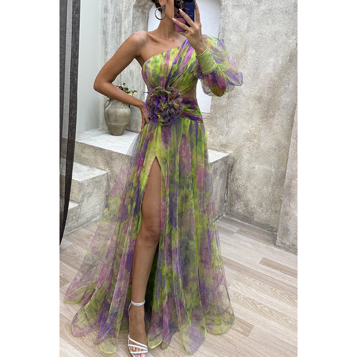 Mesh Tie-dye Printed Off-shoulder Slit Dress Summer INS Fashion Long  Party Dress