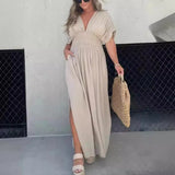 V-neck Slit Dress Summer Short Sleeve Elastic Waist Maxi  Dresses