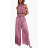 Summer Suits Casual Sleeveless Midriff-baring Top And Wide Leg Pants 2pcs Set Womens Clothing