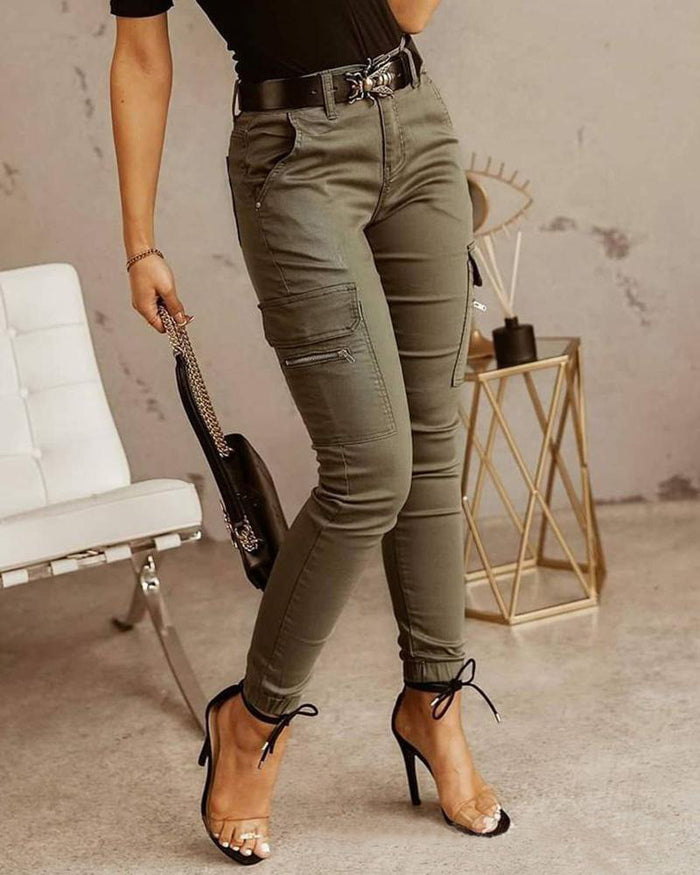 Low-waisted Buttons, Solid Color Pockets Pants