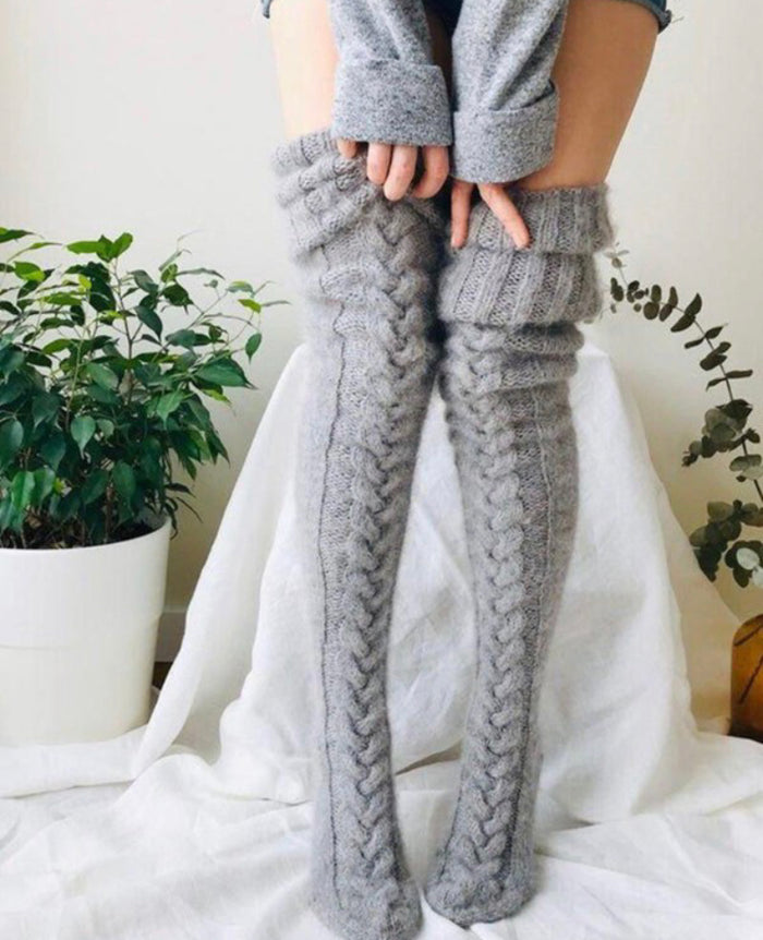 Casual Solid Over The Knee Sock :Gray