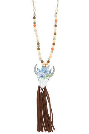 Etched bull suede tassel beaded long necklace set