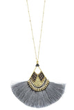 Mix jewel bead fringe tassel fan pendant long necklace