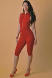 Solid, Stretched, Sleeveless Bodycon Capri Jumpsuit With Front Zipper And Mandarin Collar