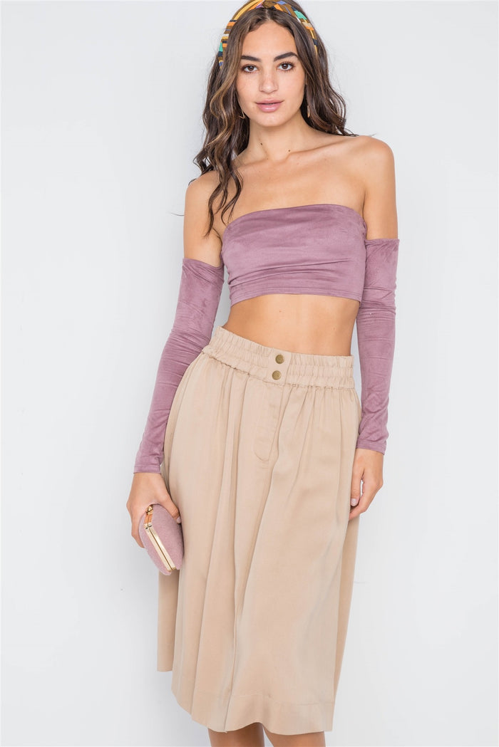 Khaki High-waist Solid Midi Skirt