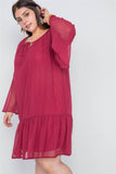 Plus Size Burgundy Bell Sleeves Shirred Dress