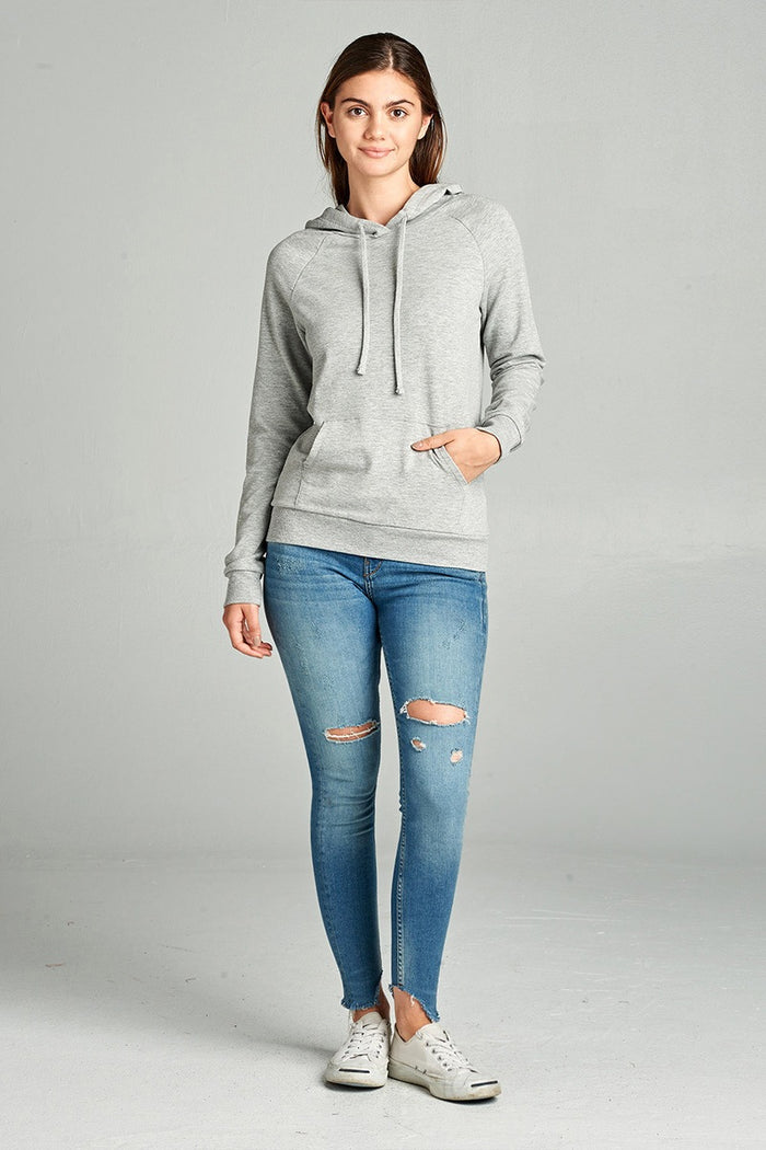 Long Sleeve Pullover French Terry Hoodie Top W/ Kangaroo Pocket