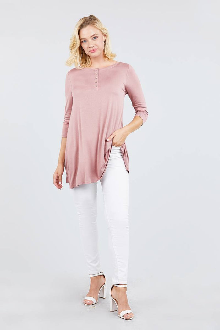 3/4 Sleeve Button Placket Rayon Spandex Top