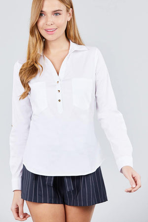 3/4 Roll Up Sleeve Front Two Pocket W/button Detail Stretch Shirt