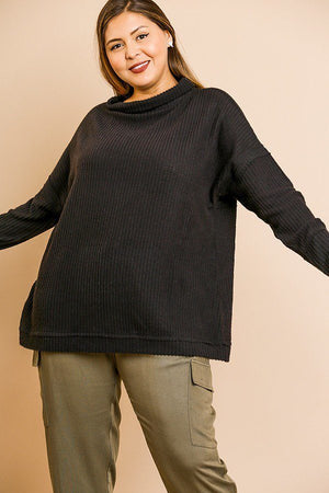 Waffle Knit Long Sleeve High Folded Neck Top