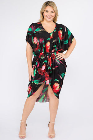 Multi Color Print Short Sleeve Kimono Dress With Waist Tie