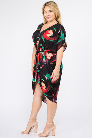 Multi Color Print Short Sleeve Kimono Dress With Waist Tie