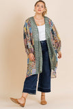 Sheer Animal Scarf Mixed Print Long Puff Sleeve Open Front Long Kimono