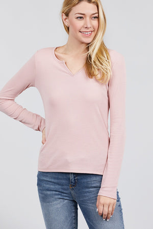 Long Sleeve V-notch Neck Rib Knit Top