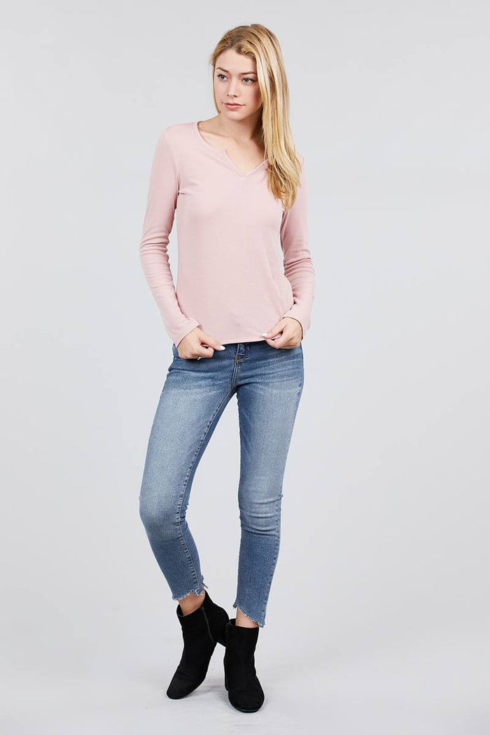 Long Sleeve V-notch Neck Rib Knit Top