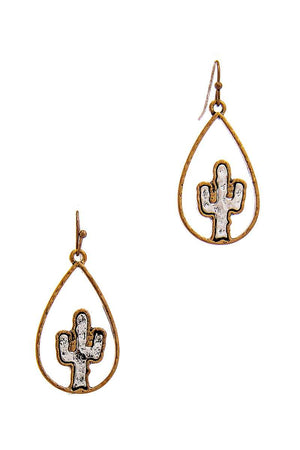 Two Tone Tear Drop Out Lined Cactus Dangle Earring