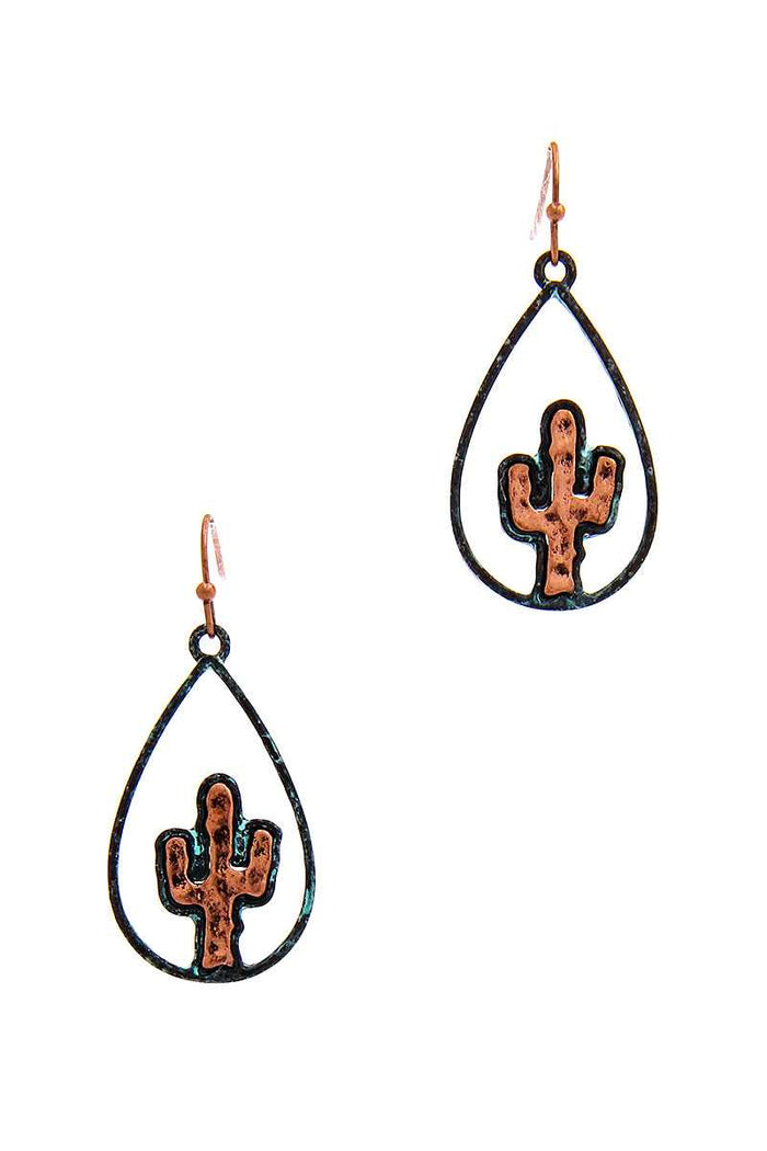 Two Tone Tear Drop Out Lined Cactus Dangle Earring