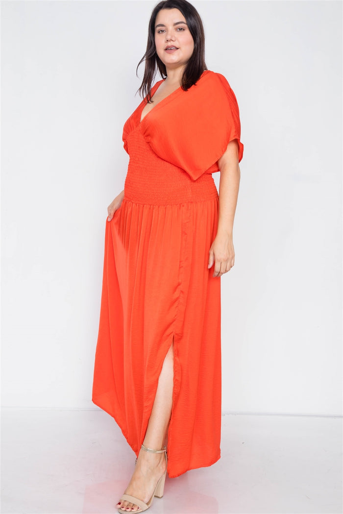 Plus Size V-neck Satin Kimono Sleeve Maxi Dress