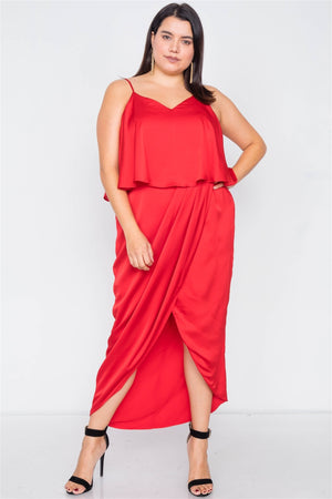 Plus Size Satin Flounce Bandage Midi Dress