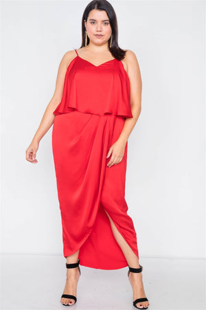 Plus Size Satin Flounce Bandage Midi Dress