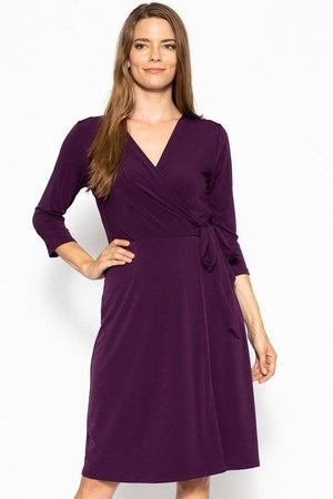 Cute Midi 3/4 Sleeve Dress With A Overlapping V-neck Line And A Belted Waist