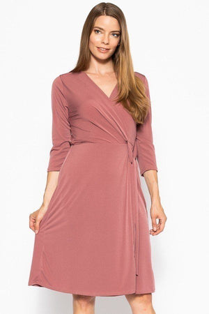 Cute Midi 3/4 Sleeve Dress With A Overlapping V-neck Line And A Belted Waist